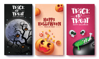Halloween tags vector poster design. Trick or treat greeting and invitation card lay out collection for kids party dedication tag and sticker. Vector illustration horror, scary and creepy cards 