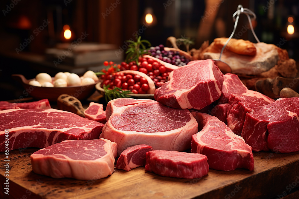 Wall mural Selection of fresh raw red meat in supermarket, Different cuts of prime meat steaks on display in a grocery store meat counter