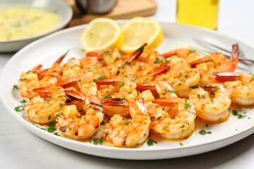 shrimp skewers on a plain white plate with a side of garlic butter