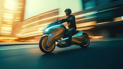 A man riding a futuristic electric motorcycle on the evening city street.