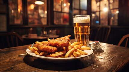 Delicious fish and chips with beer on a wooden table in a cozy pub - obrazy, fototapety, plakaty