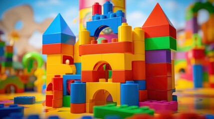 Toy block tower, brightly colored toy block castle.