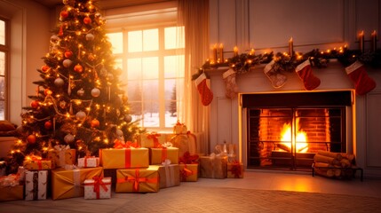 Christmas tree with gifts in the living room. Stylish living room interior with beautiful fireplace, Christmas