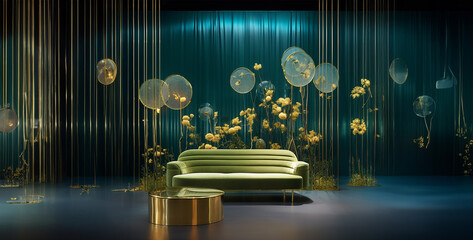 background with glowing lights and stars, velvet green sofa and gold ottoman in the style 