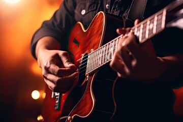 close up of hands playing an acoustic guitar - obrazy, fototapety, plakaty