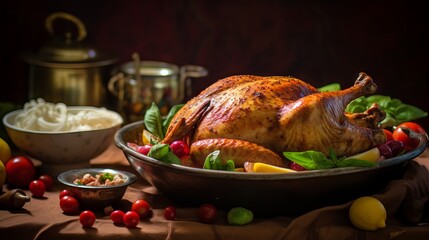 Roasted turkey with cranberry sauce and mashed potatoes on a festive table for Thanksgiving or Christmas dinner - obrazy, fototapety, plakaty