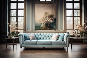 Pouf and wooden table in modern living room with painting above grey corner couch.