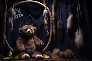 a dark room with a stuffed toy sloth hanging on a dreamcatcher - obrazy, fototapety, plakaty