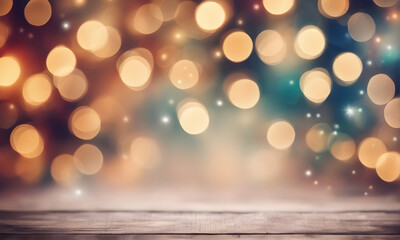 Empty wooden table, blurred Christmas background