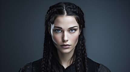 Caucasian woman with braids raven-black hair viking style on dark background.
