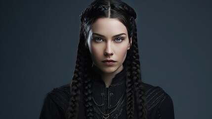 Caucasian woman with braids raven-black hair viking style on dark background.