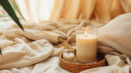 Fotobehang Generative AI, burning candle on beige background. Aesthetic muted composition dry flowers, textile. Home interior, comfort, spa, relax and wellness concept.  © DELstudio
