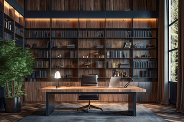 Natural lighting of large home office with wooden bookshelf covered walls and large wooden desk in background of luxury house. Stylish concept of buildings and fashion. - obrazy, fototapety, plakaty