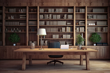 Natural lighting of large home office with wooden bookshelf covered walls and large wooden desk in background of luxury house. Stylish concept of buildings and fashion. - obrazy, fototapety, plakaty
