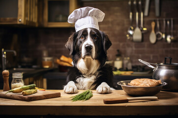 The dog cook is preparing dinner. Chef dog - obrazy, fototapety, plakaty