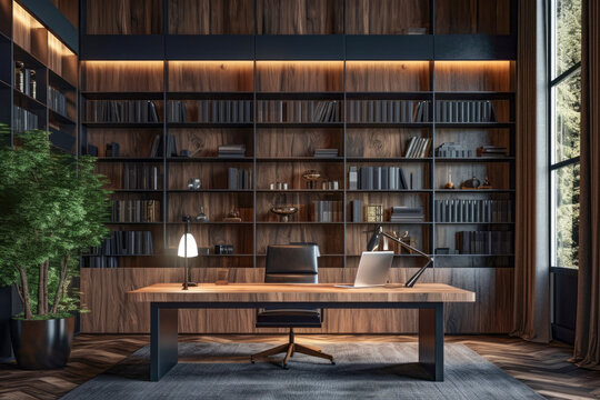 Natural lighting of large home office with wooden bookshelf covered walls and large wooden desk in background of luxury house. Stylish concept of buildings and fashion. © cwa