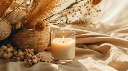 Fototapeta na wymiar Generative AI, burning candle on beige background. Aesthetic muted composition dry flowers, textile. Home interior, comfort, spa, relax and wellness concept. 