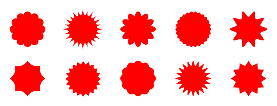 Flat simple starburst shapes. Red color sticker, label, promotional badge on white background