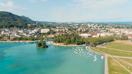 Annecy, France. Le Paquier Park. Annecy is a city in the Alps in southeastern France. Lake Annecy promenade, Aerial View