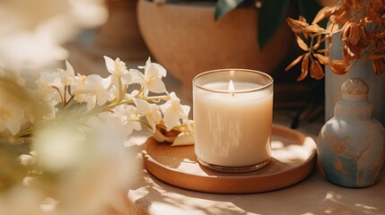 Generative AI, burning candle on beige background. Aesthetic muted composition dry flowers, textile. Home interior, comfort, spa, relax and wellness concept.	