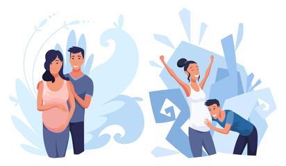 Pregnant couple on abstract background. Young pregnant woman with husband. Concept illustration for design about pregnancy, motherhood, parenthood. Flat cartoon style, vector illustration