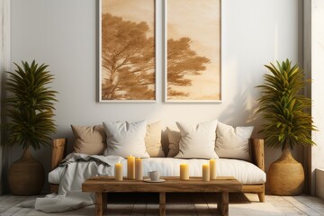 Blank poster mockups in living room, Cozy Boho style lounge.