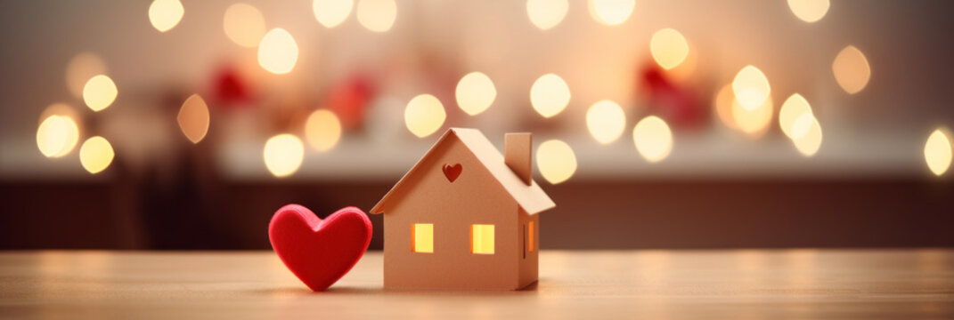 Cardboard toy house with a red heart on a wooden table on a bokeh background