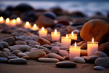 Obraz na płótnie Canvas white candles lit and placed on pebble rocks