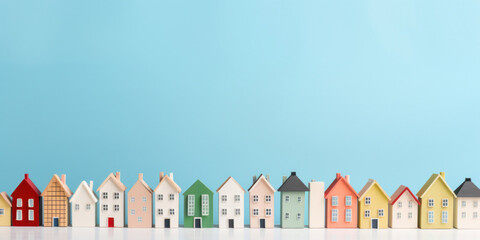 Obraz premium Small wooden toy colored houses on a blue background