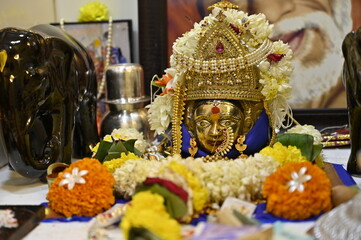 Durga Goddess Head. Golden Sculpture Face. Hindu God. Navratri Worship. Mahakali. Maharashtra...