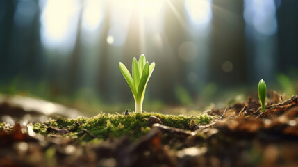 A snowdrop sprouting from the ground and snow, illuminated by sunshine - obrazy, fototapety, plakaty