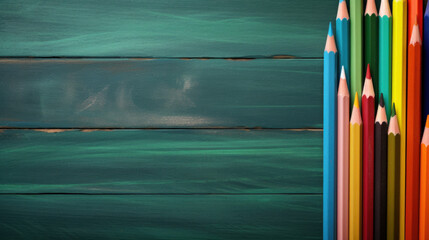 Colored pencils on a wooden green background - Powered by Adobe