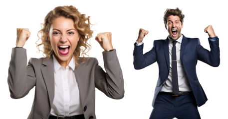 emotional, happy, excited, cheering businessman and businesswoman celebrating. on transparent background