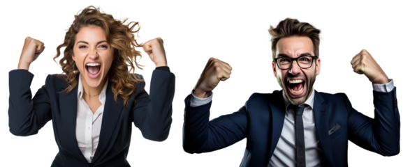 emotional, happy, excited, cheering businessman and businesswoman celebrating. on transparent background