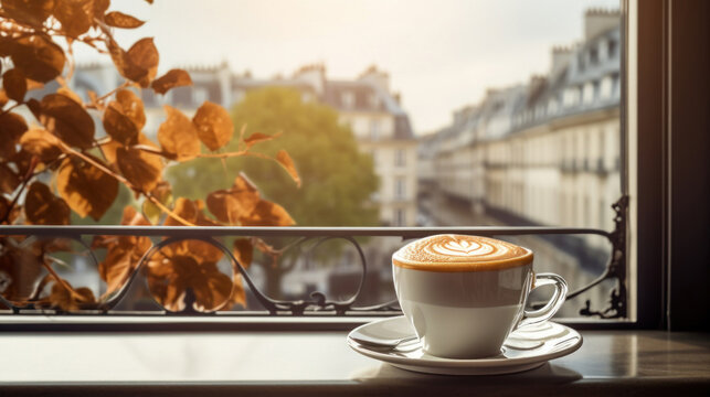 Coffee with latte art on the background of a window with a beautiful autumn view