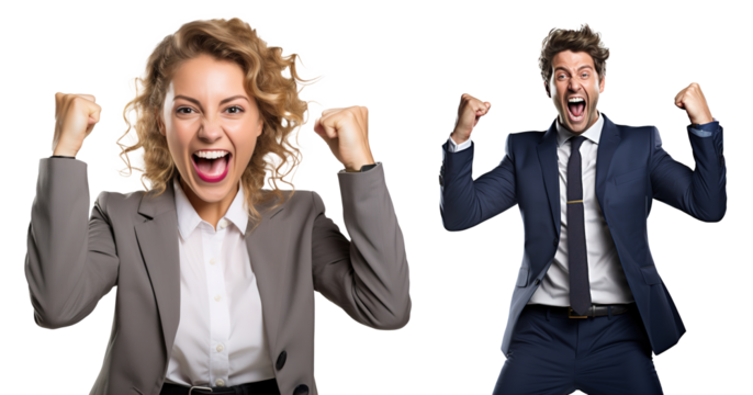 emotional, happy, excited, cheering businessman and businesswoman celebrating. on transparent background
