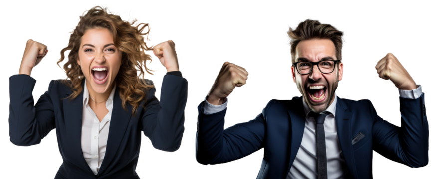 emotional, happy, excited, cheering businessman and businesswoman celebrating. on transparent background