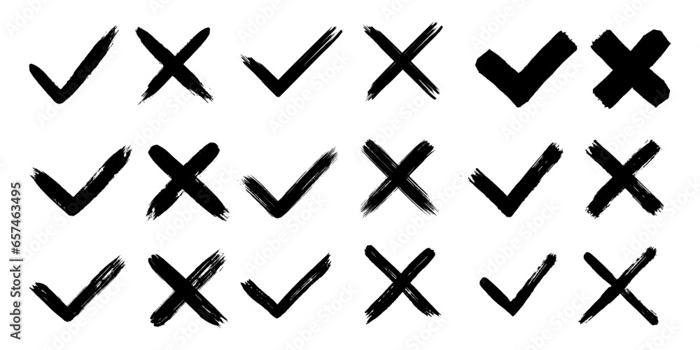 Poster dirty grunge hand drawn with brush strokes cross x and tick ok check marks v vector illustration set