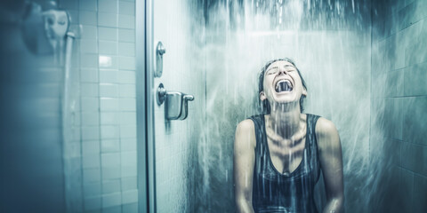 Joyful woman laughing freely in cold-toned, desaturated bathroom shower scene.