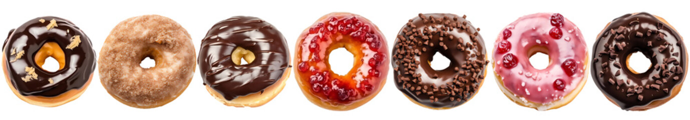 Donuts set with colorful sprinkles isolated on transparent - obrazy, fototapety, plakaty