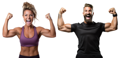 emotional, happy, excited, cheering male and female fitness trainer celebrating and motivating on transparent background