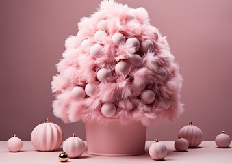 Creative New Year tree made of pink feathers decorated with Christmas balls on a pink background