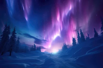 Photo sur Plexiglas Aurores boréales Light blue purple aurora on sky at snow mountains.