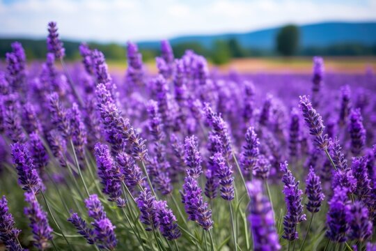 an outdoor field of lavender plants at peak bloom