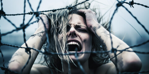 Poignant scene of a tearful woman leaning on barbed wire. - obrazy, fototapety, plakaty