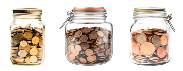 Glass jars with coins savings concept, isolated on transparent