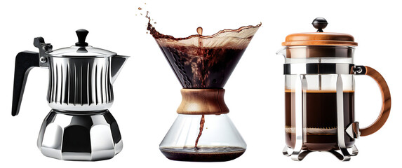 Alternative coffee brewing methods isolated on transparent