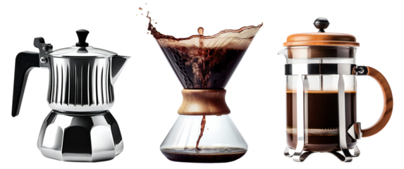 Alternative coffee brewing methods isolated on transparent