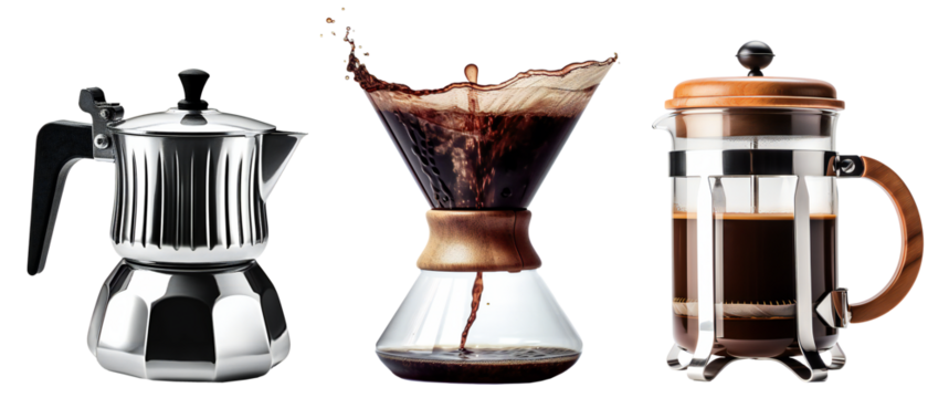 Alternative coffee brewing methods isolated on transparent