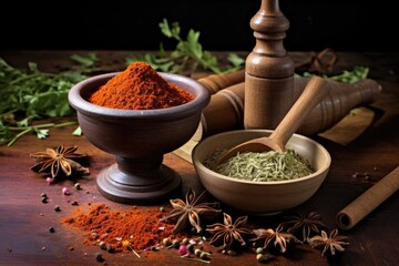 mortar and pestle with ground spices and a spice grinder in the background